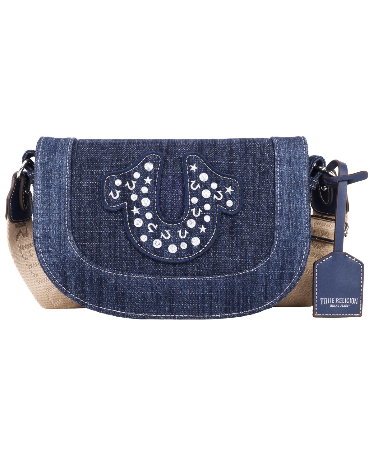 Studded Horseshoe Denim Flap Bag - Dark denim