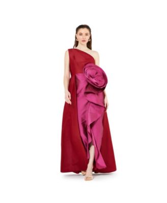 Women's One Shoulder Dress With Cascading Ruffle Flower Detail