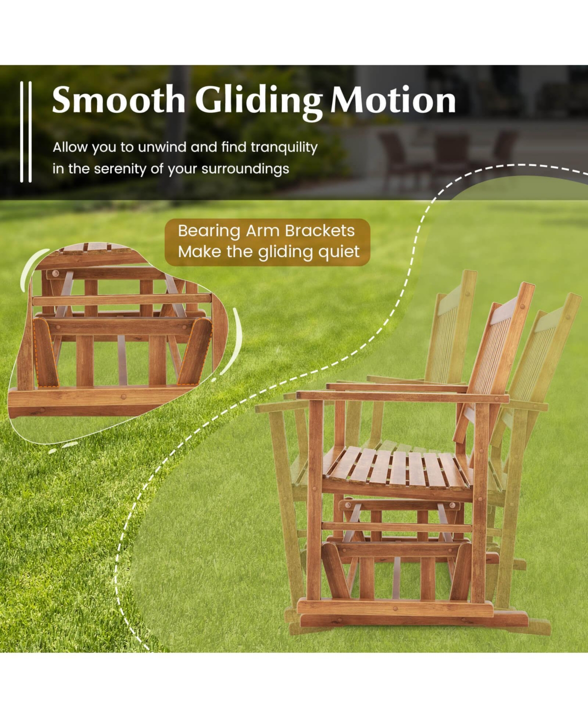 Gymax Patio Glider Loveseat Chair Swing Rocking Bench w/ Curved Backrest & Slatted Seat