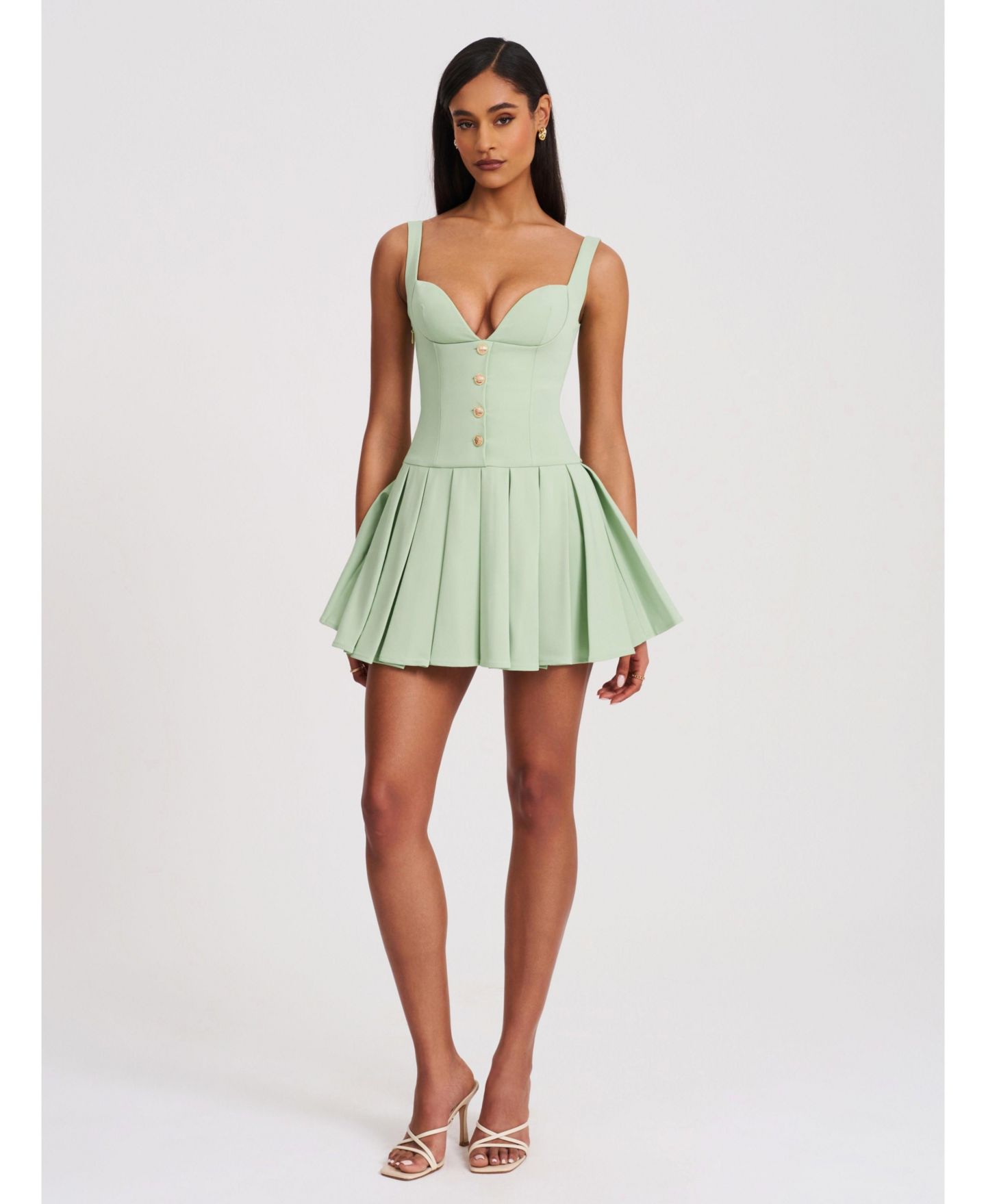 Женское платье Miss Circle Tala Pistachio Green Sleeveless Pleated Preppy Mini, цвет: Фисташковый зелёный — фото 4