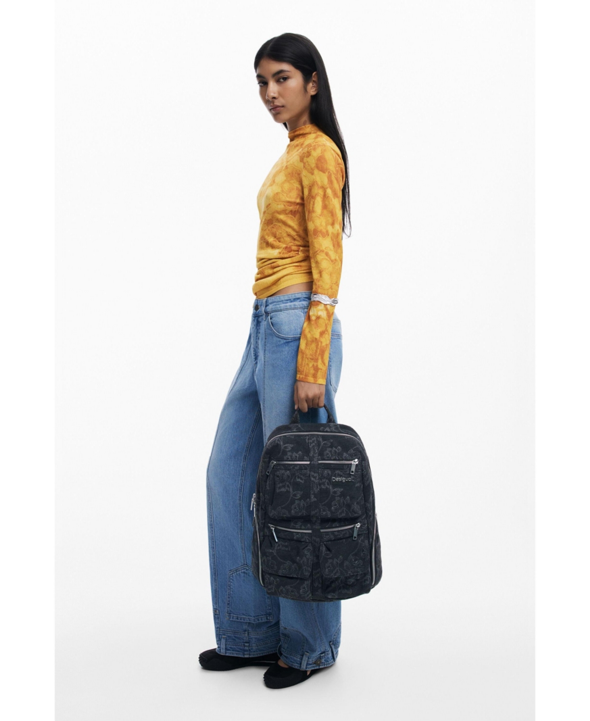Desigual Large Embroidered Denim Backpack In Black