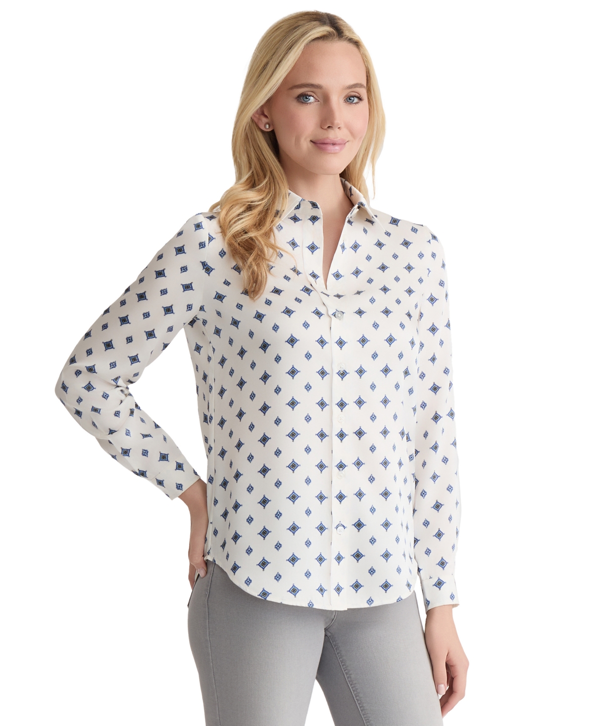 Jones New York Women's Printed Button-down Long-sleeve Utility Blouse In Multi