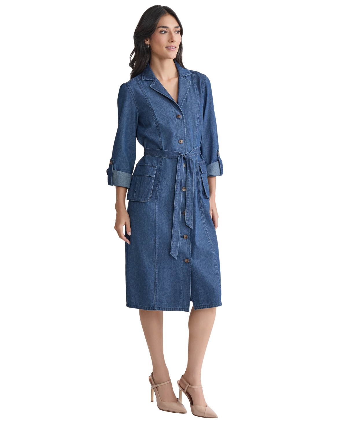 Jones New York Women's Belted Button-down Cotton Collared Denim Dress In Blue