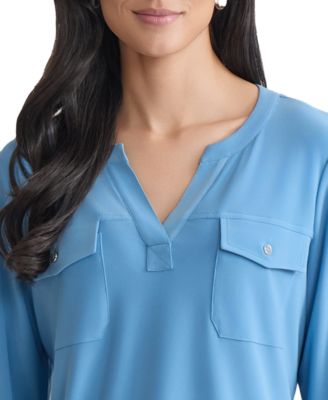 Women's Solid 3/4-Sleeve Flap-Pocket Knit Top