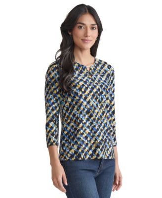 Women's Printed Embellished-Keyhole 3/4-Sleeve Top