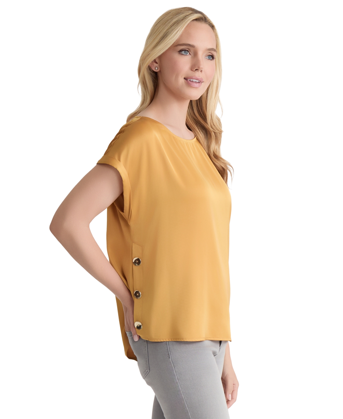 Jones New York Womens Side Button Cuffed Sleeve Top Pxs Xl In Gold