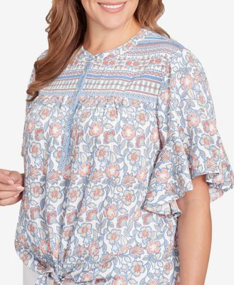 Plus Size Vintage Floral Tie Front Henley Top