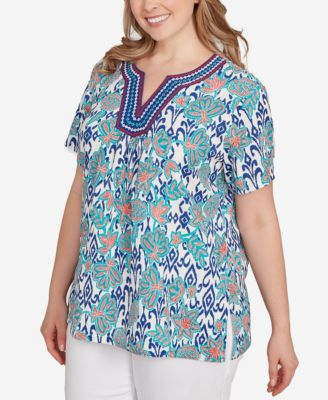 Plus Size Floral Overlay Ikat Embroidered Top