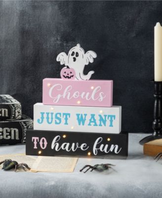 11.75" Halloween Lighted Pink Wooden Ghost Block Word Sign