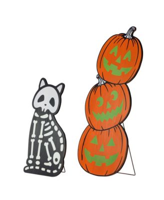 Halloween Wooden Skeleton Cat and Stacked Pumpkin Porch Decor, Set of 2