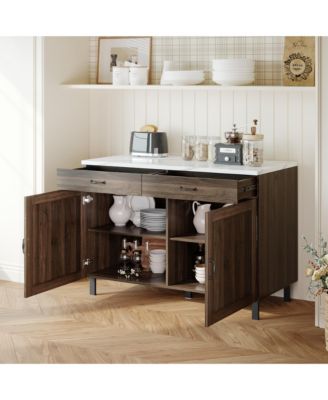 Wooden Storage Cabinet with Marble Pattern, Two Doors, Two Drawers and Pantry Function