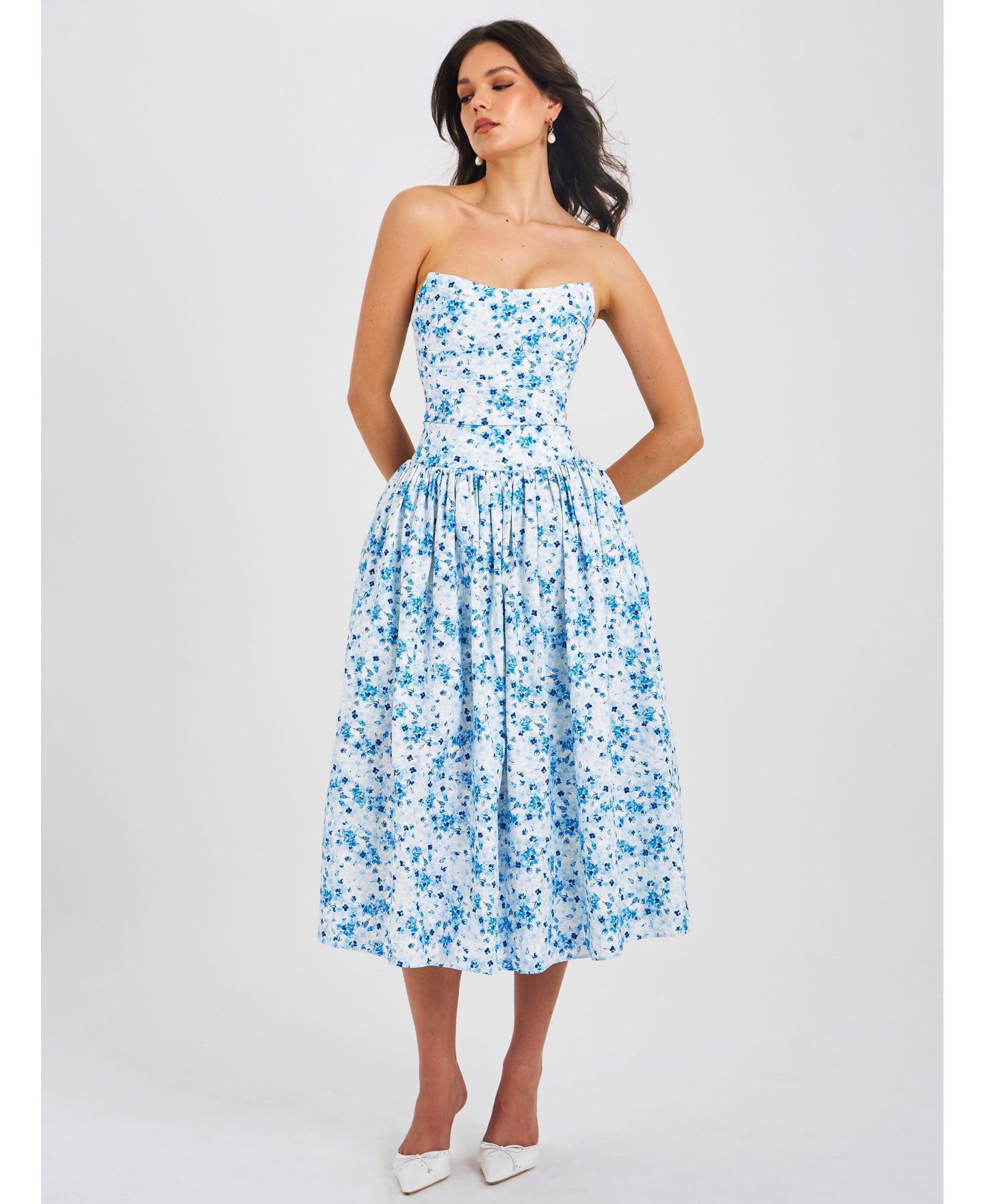 Женское платье Miss Circle Paloma Blue Print Linen Corset Draping Top Midi, цвет: Синий с принтом — фото 7