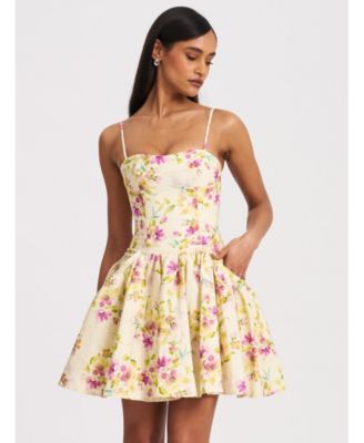 Women's Valda Yellow and Pink Print Linen Mini Dress with Pockets