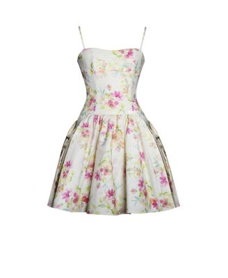 Women's Valda Yellow and Pink Print Linen Mini Dress with Pockets