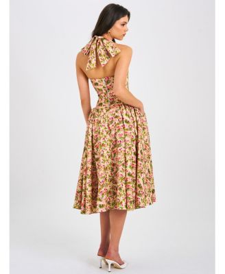 Women Niya Floral Print Linen Halter Corset Maxi Dress