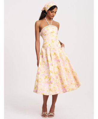 Women's Zaina Yellow Pink Floral Print Lace Trim Linen Midi Dress