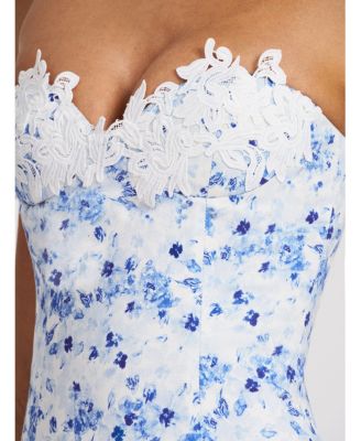 Women's Taleah Blue Floral Print Linen Mini Dress with Lace Trim