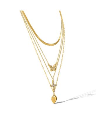 Layered Butterfly, Cross & Heart Pendant Necklace Set