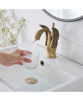 Swan Single Hole Single-Handle Bathroom Faucet And Pop Up Drain &amp; Overflow Cover in Antique Brass