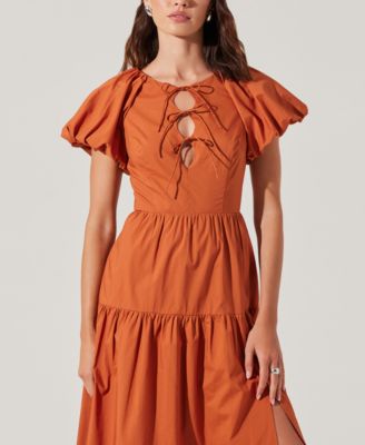 Women's Aine Bow-Tie Puff-Sleeve Cotton Midi Dress