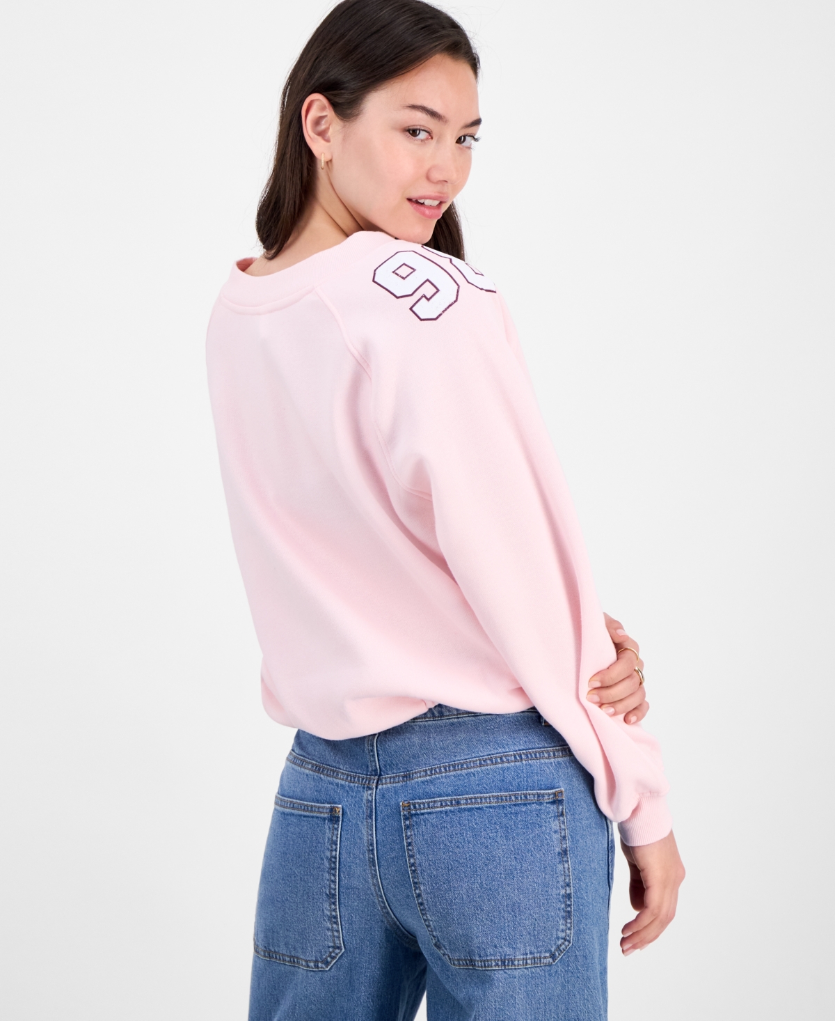 Planet Gold Juniors' Varsity Graphic Bubble-hem Sweatshirt In Pink