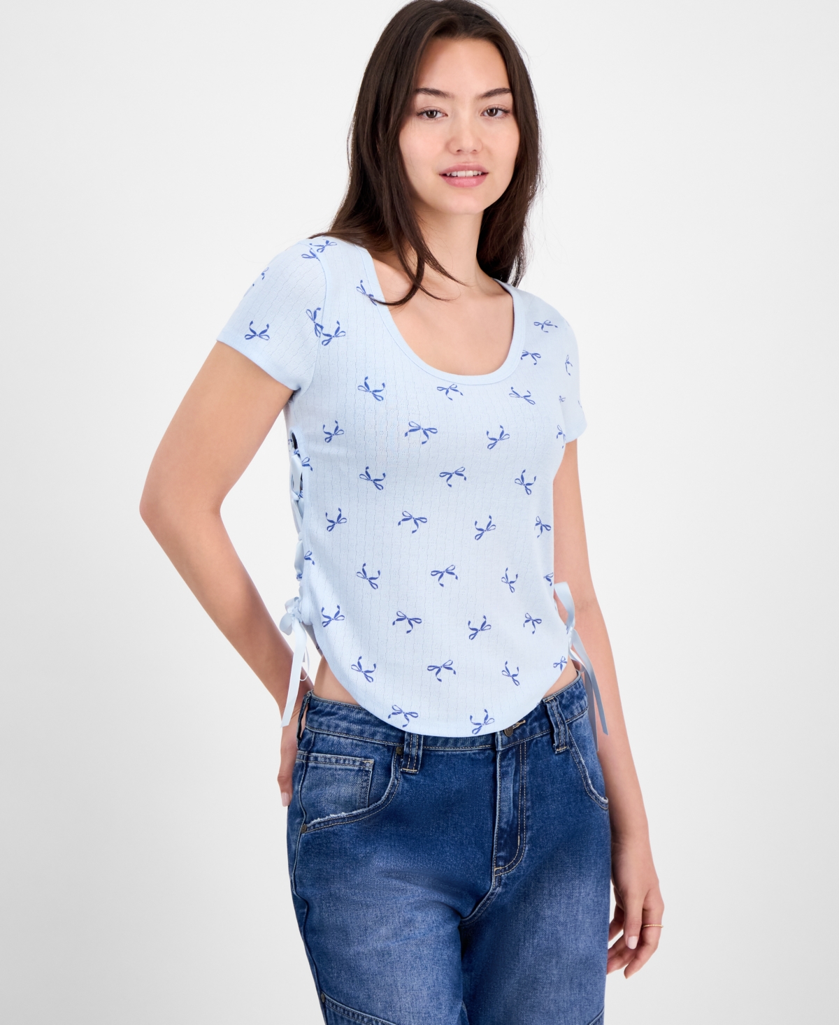 Rebellious One Juniors' Printed Ribbon-Side Short-Sleeve Tee