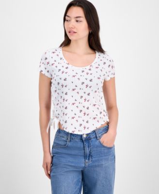 Juniors' Printed Ribbon-Side Short-Sleeve Tee