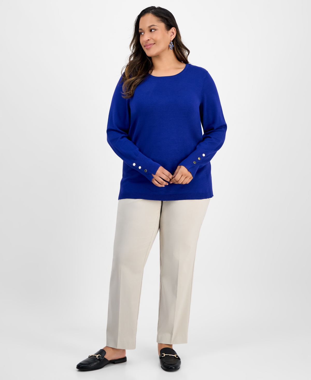 Jm Collection Plus Size Crewneck Long-sleeve Sweater, Macy's Exclusive In Blue