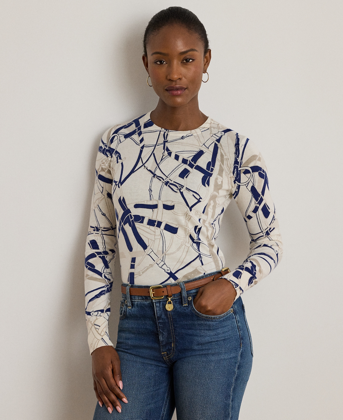 Ralph Lauren Womens Belting Print Cotton Blend Sweater P Xs Xxl In White