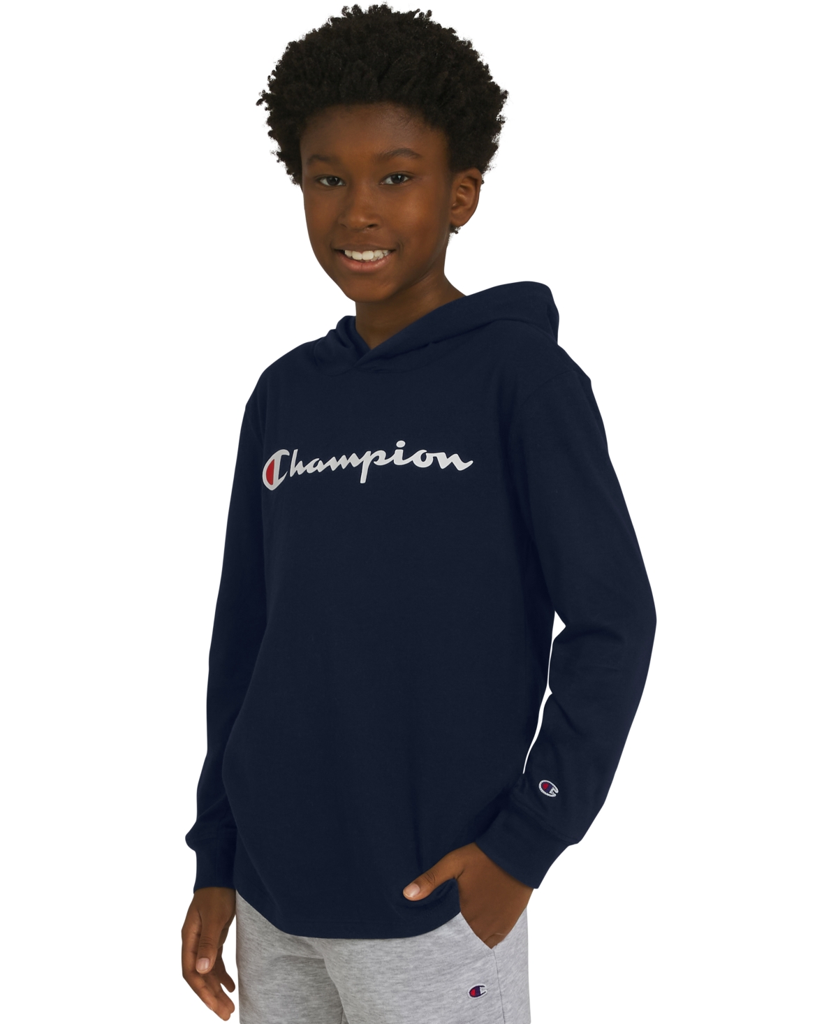Champion Big Boys Signature Logo Long-sleeve Hooded T-shirt In Blue