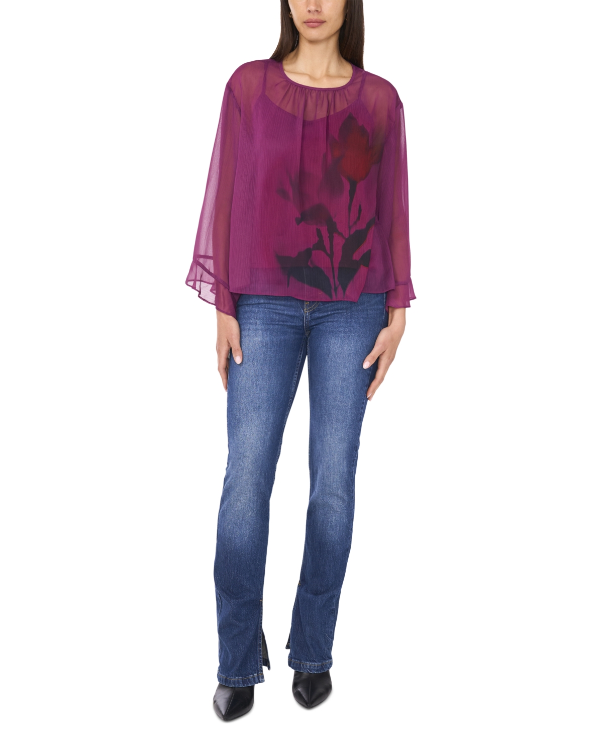 Vince Camuto Floral Flutter Bell Sleeve Top In Purple