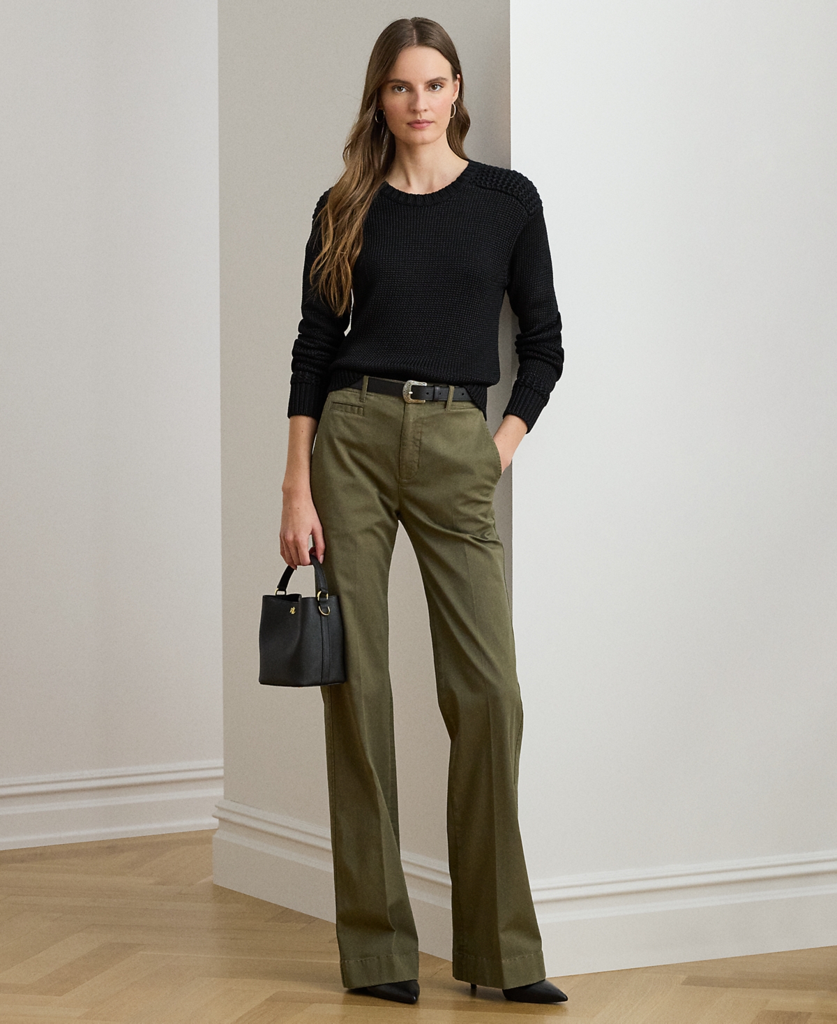 Ralph Lauren Petite Cotton-blend Crewneck Sweater In Black