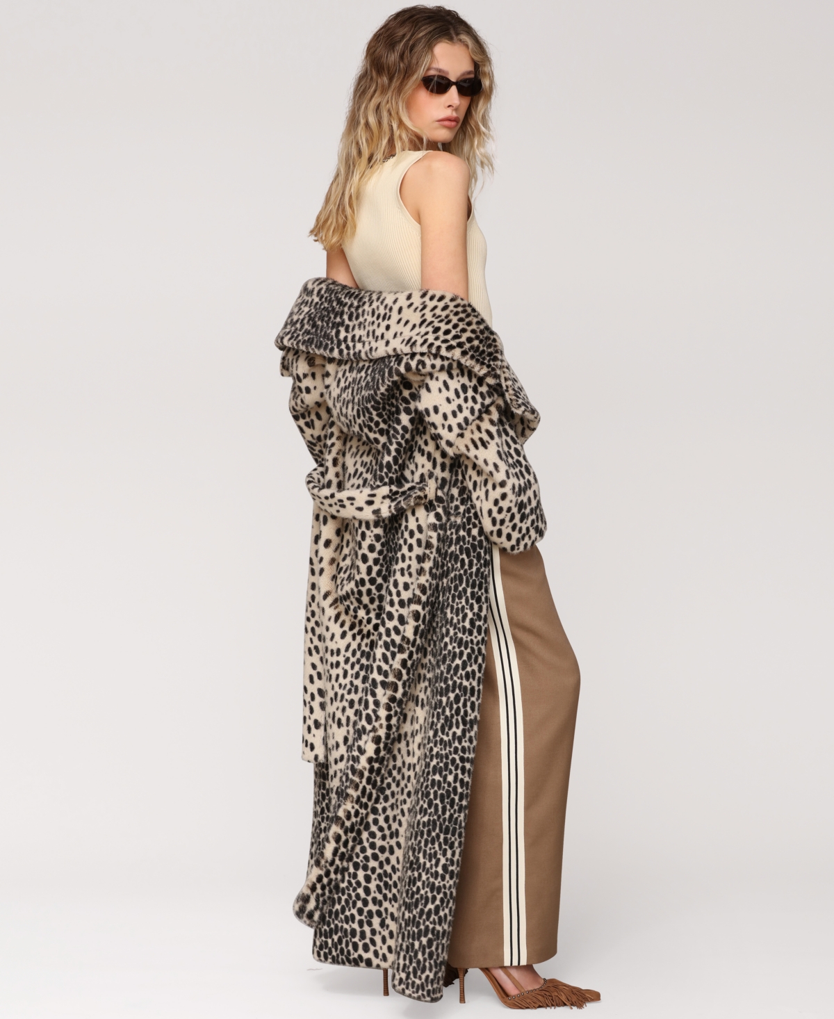 Avec Les Filles Cheetah Print Belted Faux Fur Maxi Coat In Animal Print