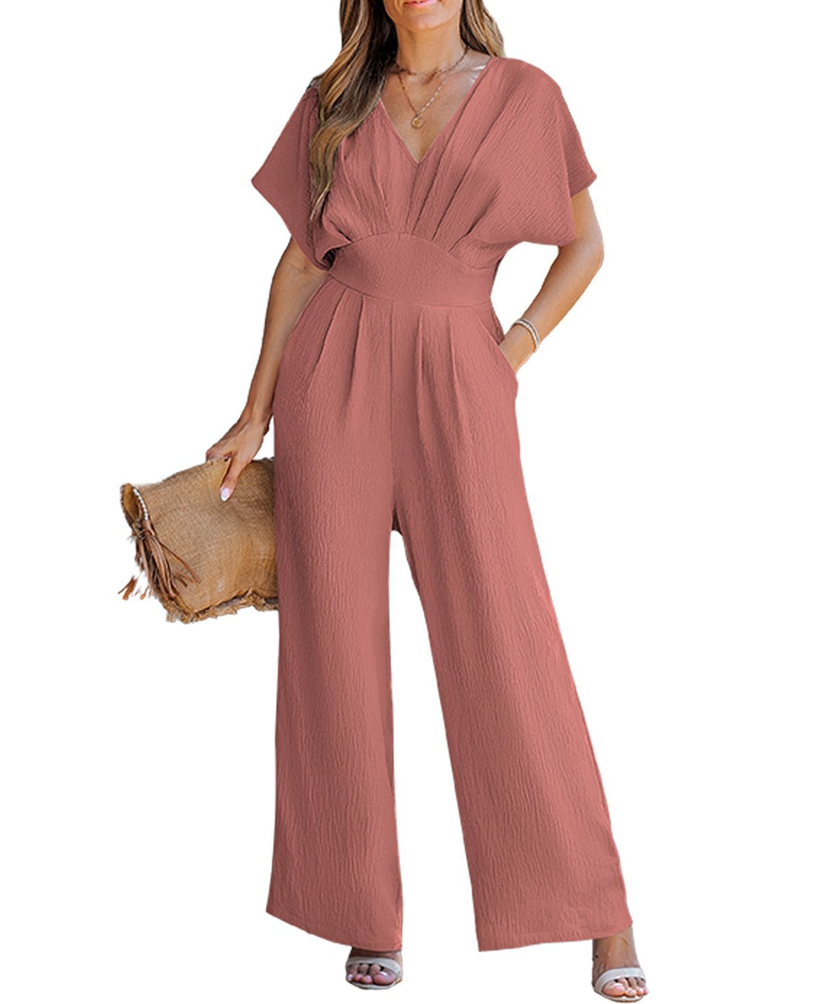 Cupshe Women's V-Neck Short Sleeve Straight Leg Jumpsuit - Dark Pink