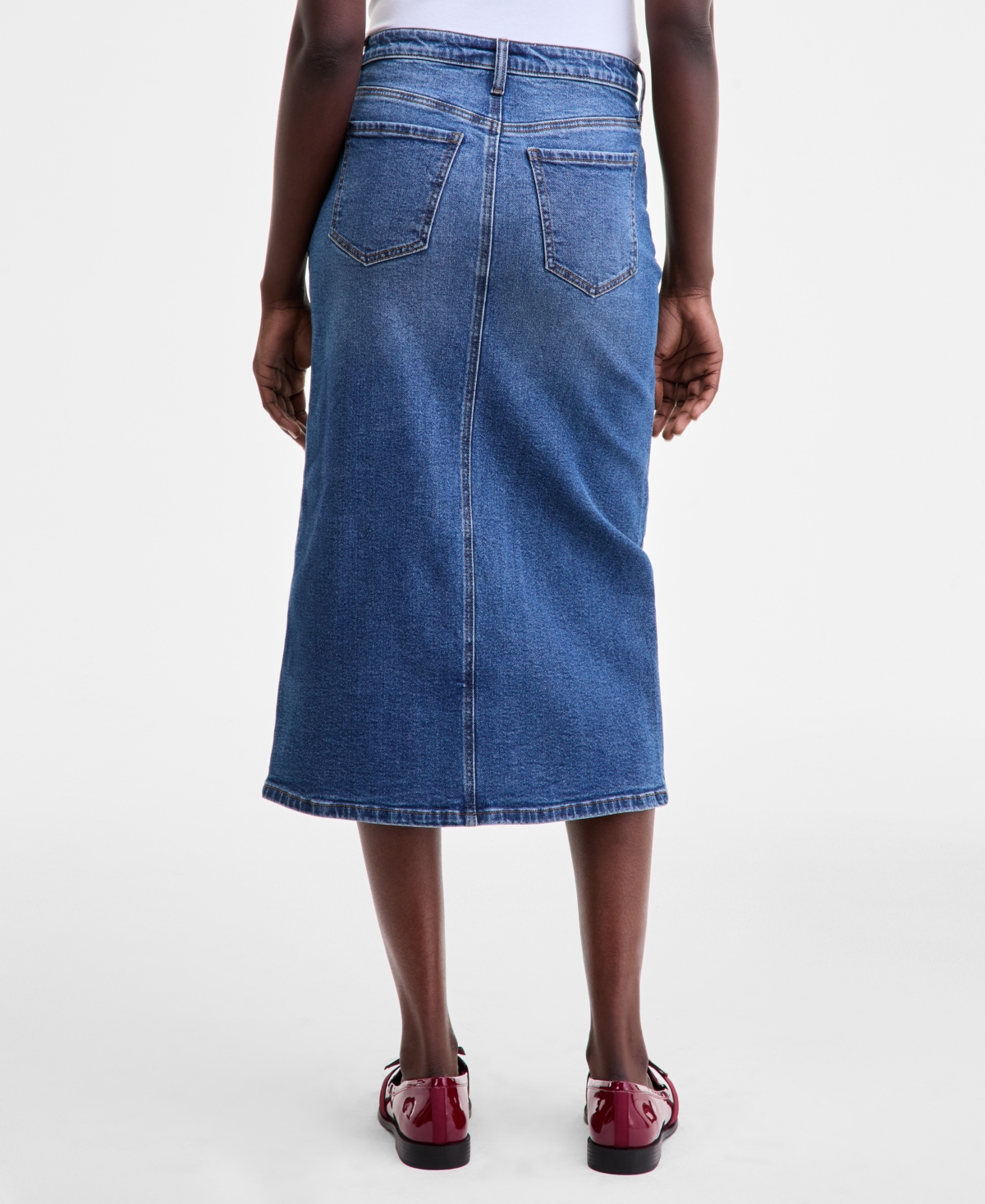 On 34th Womens Printed Blouse Denim Midi Skirt Jaqqy Small Crossbody Bag Mabel Buckled Mules Macys Exclusive In Blue