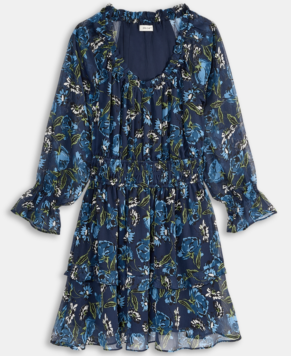 On 34th Women's Printed Smocked Ruffle Chiffon Mini Dress, Macy's Exclusive In Blue