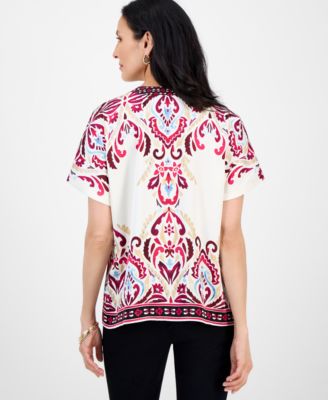 Women's Satin Printed Short-Sleeve Button Top, Exclusively at Macy's