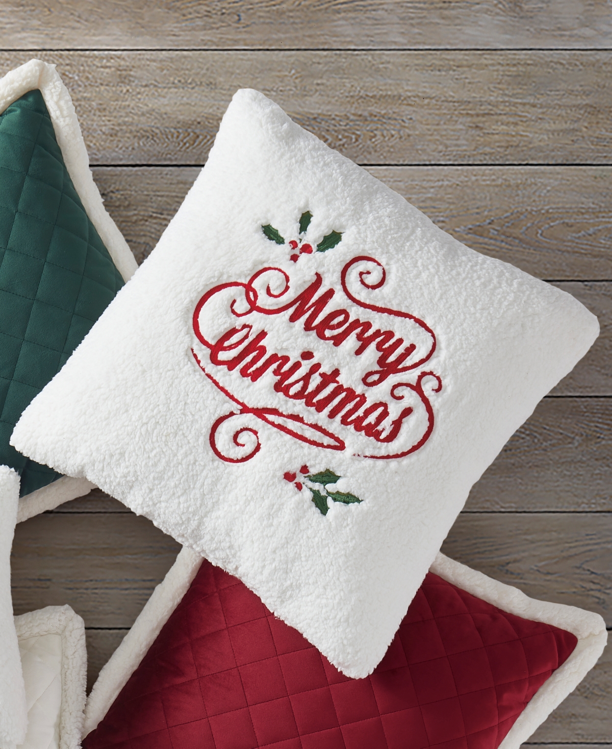 J Queen New York Merry Christmas Holly Pillow Square Decorative Pillow, 20" X 20" In White