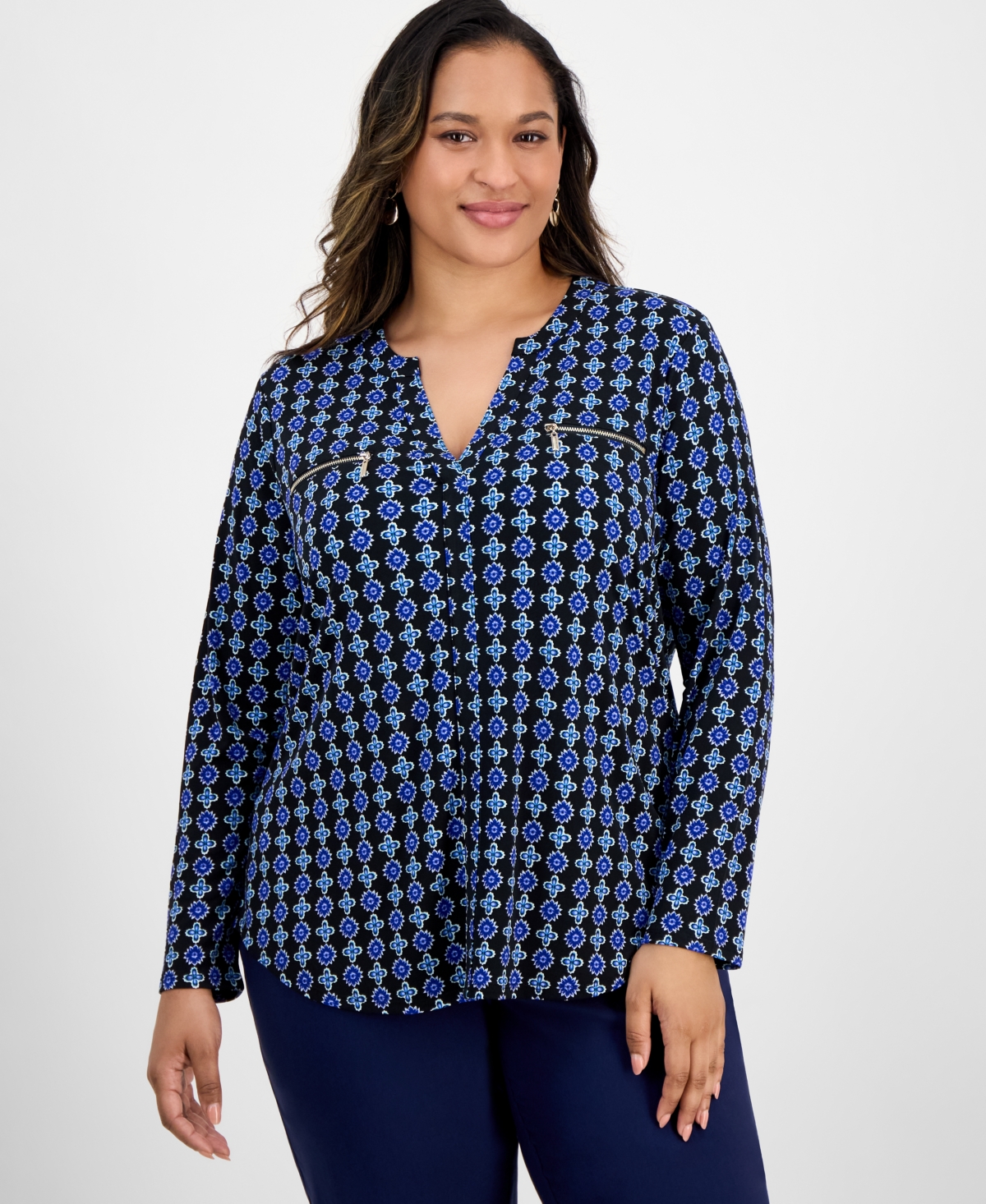 Jm Collection Plus Size Printed V-neck Long-sleeve Top In Multi