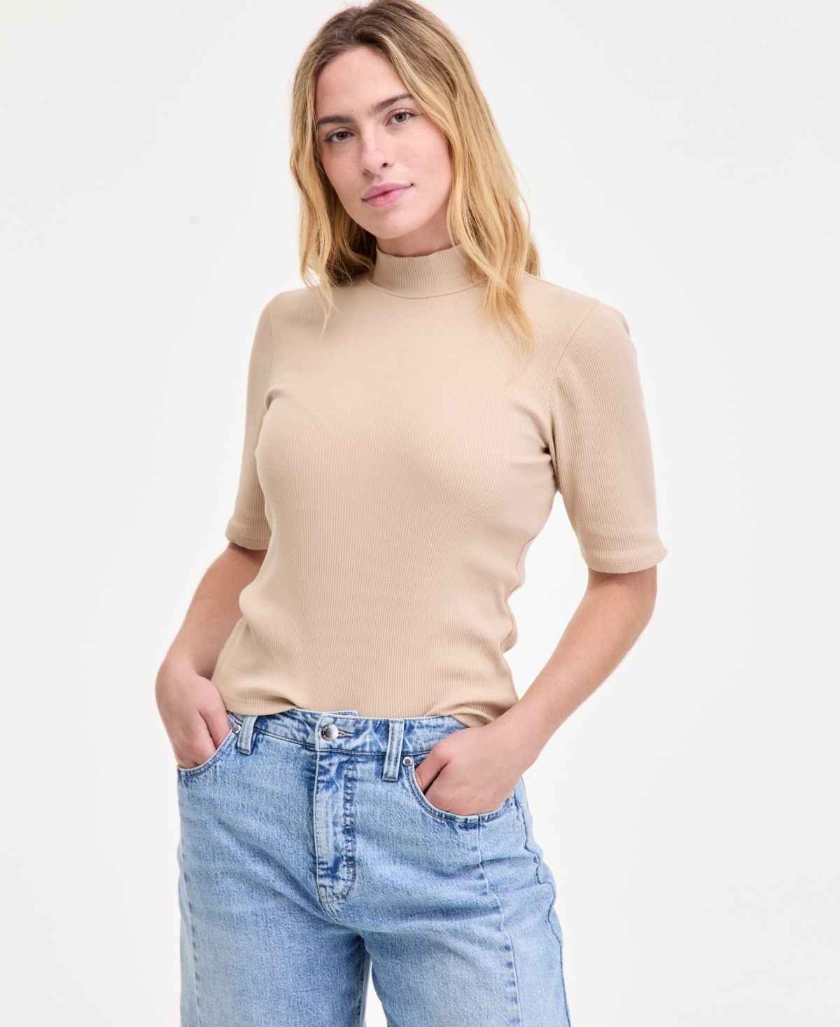 On 34th Women's Mock Neck Elbow-sleeve Top, Created For Macy's In Neutral