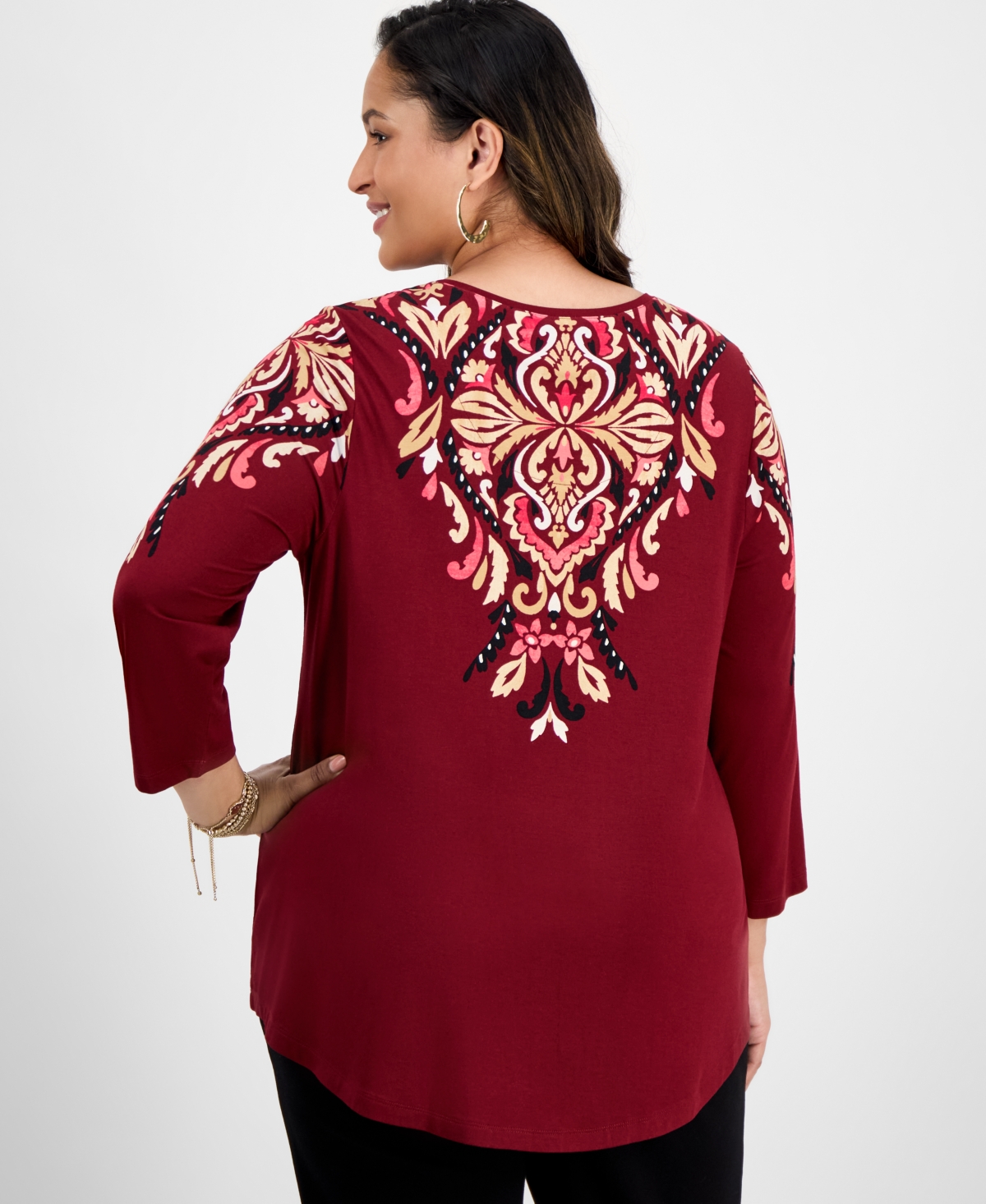 Jm Collection Plus Size Printed Scoop-neck 3/4-sleeve Top, Exclusively At Macy's