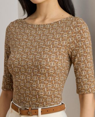 Women's Geo-Print Stretch Cotton Boatneck Tee