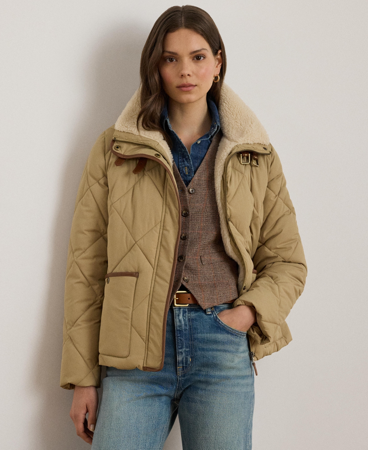 Ralph Lauren Women's Faux-fur-collar Diamond Quilted Jacket In Brown