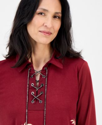 Women's Printed Lace-Up Collared Top, Exclusively at Macy's