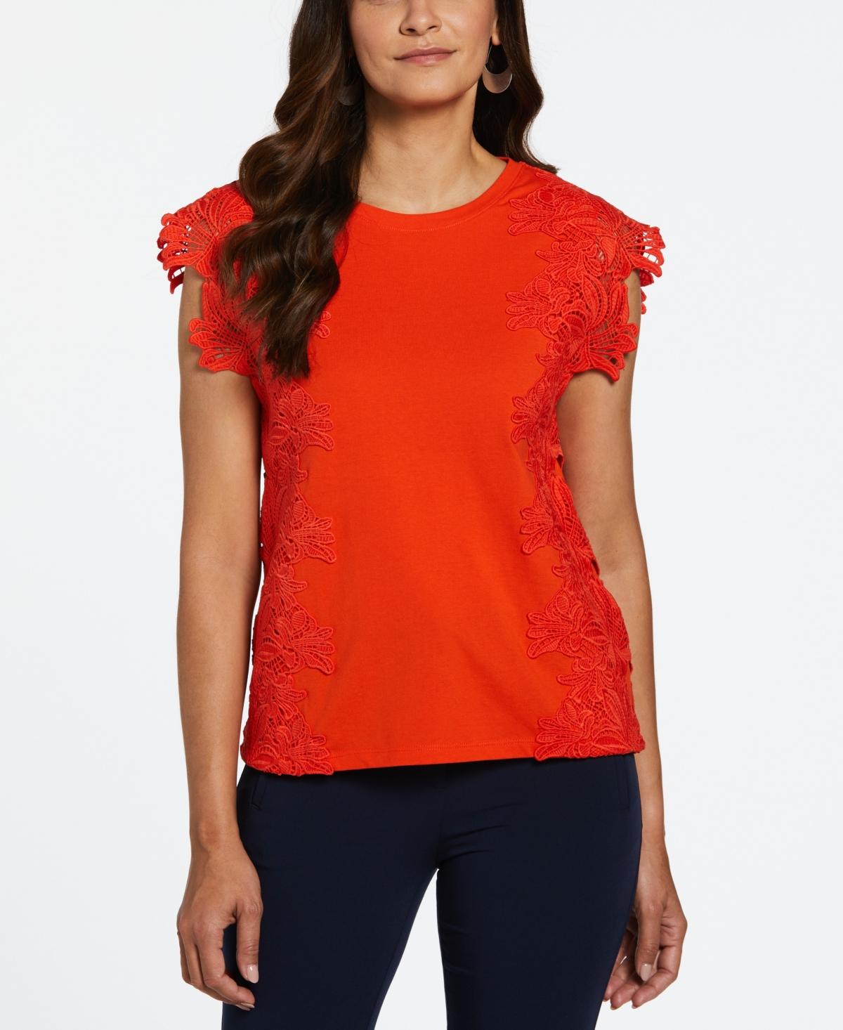 Petite Sleeveless Knit Top with Lace Detail - Orange Com