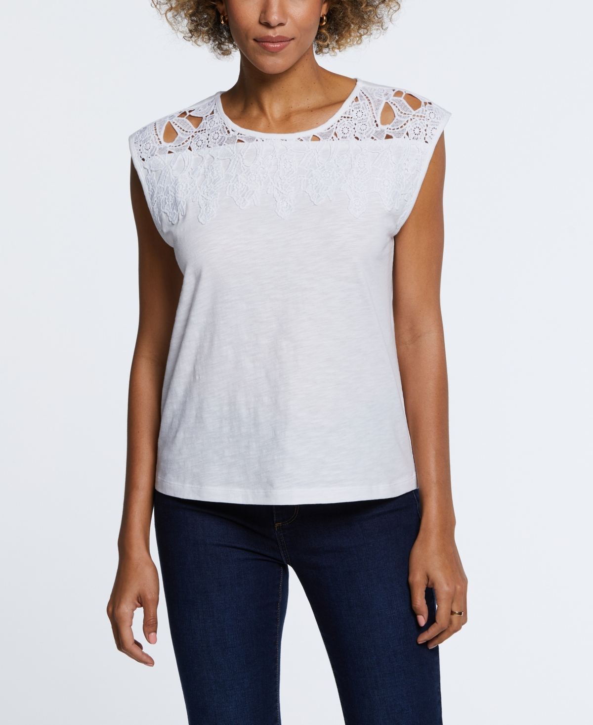 Petite Cotton Lace Yoke Top - White