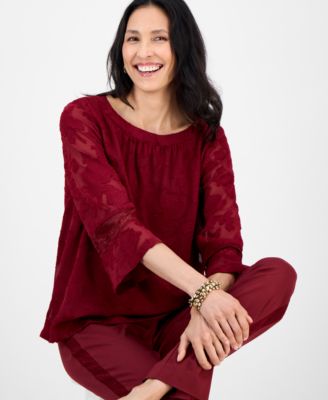 Women's Jacquard Lace-Trim Blouse, Exclusively at Macy's