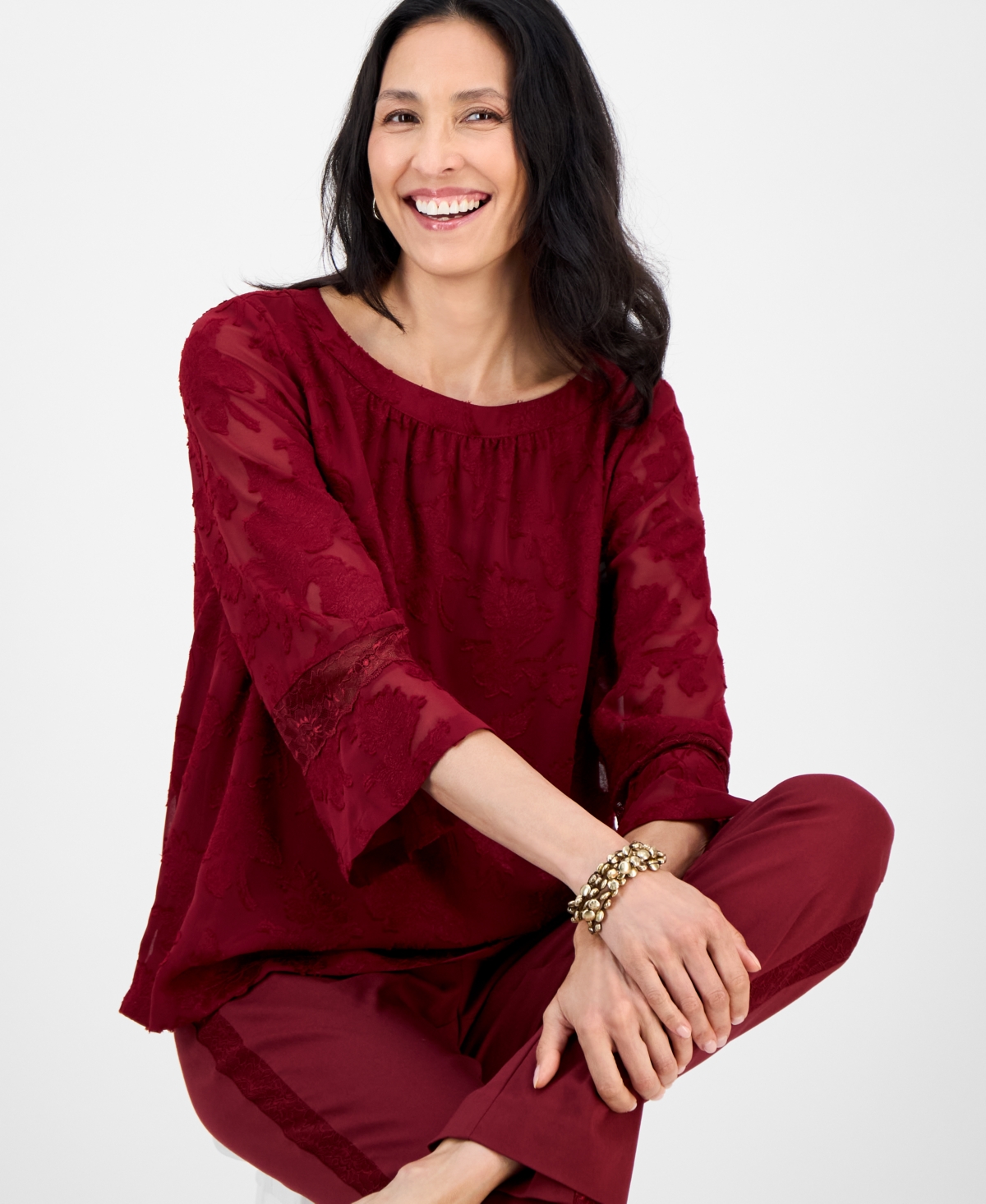 Jm Collection Women's Jacquard Lace-trim Blouse, Exclusively At Macy's
