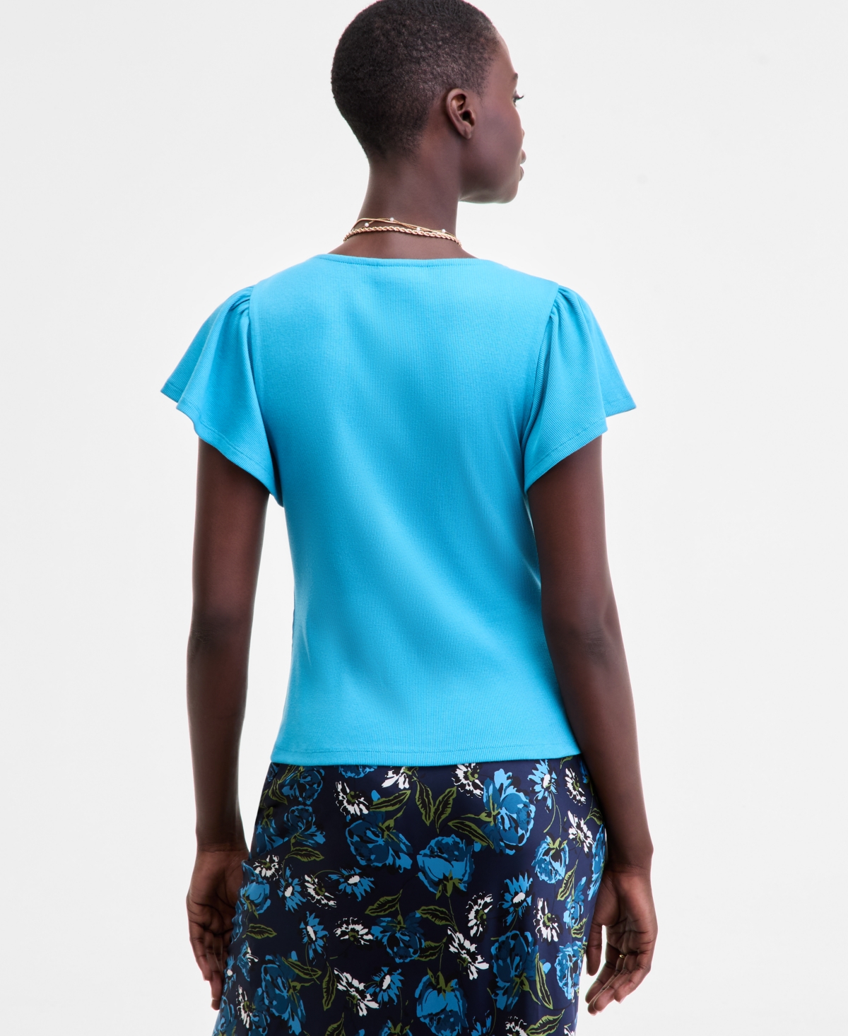 On 34th Women's Square-neck Flutter-sleeve Ribbed Top, Macy's Exclusive In Blue