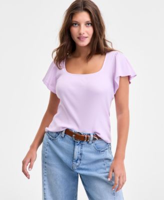Women's Square-Neck Flutter-Sleeve Ribbed Top